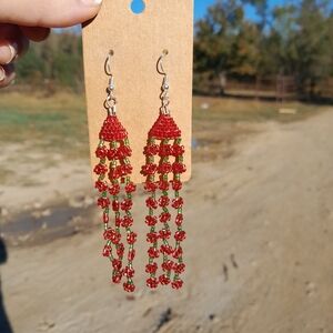 SOLD Red Flower Beaded Fringe Earrings